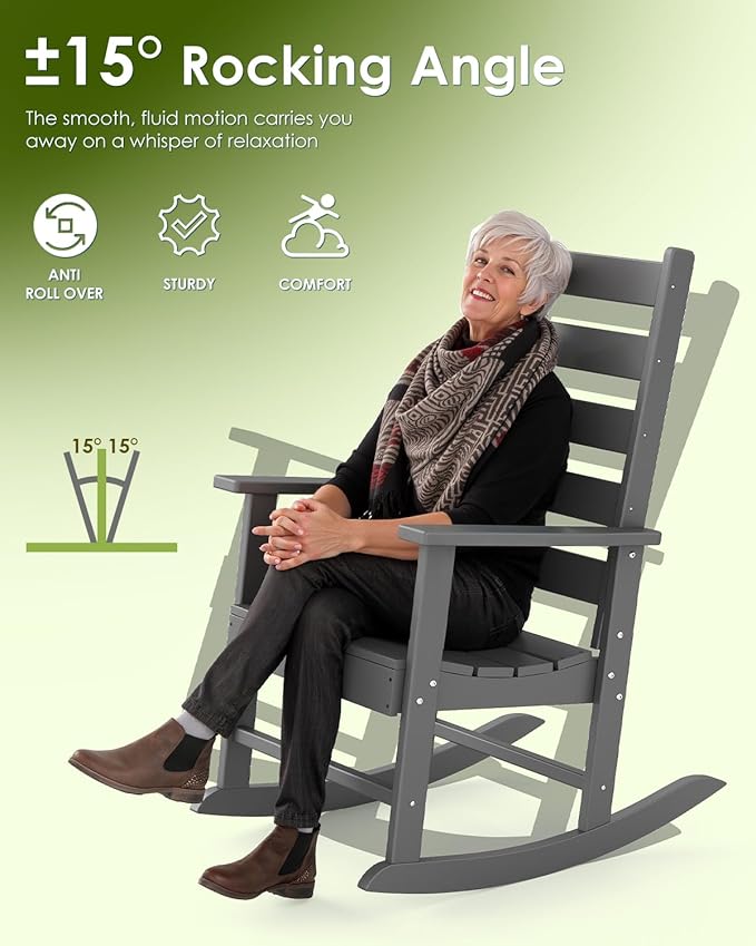 GREENVINES Outdoor-Rocking-Chairs-Set-of-4 | HDPE Plastic | Patio Rockers | Porch Rocker Chair | Shaker | Oversized | High Ladder Back | Big & Tall | PentaLuxe | Grey