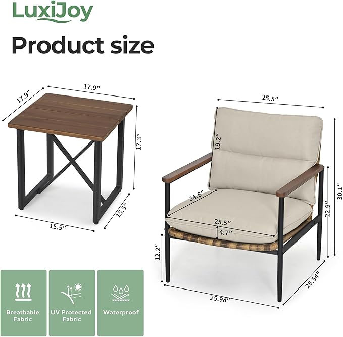3-Piece Patio Outdoor Bistro Sets, All Weather Rattan Patio Furniture Set with Aluminum Frame Chairs and Side Table, Classic Wooden Armrest & Waterproof Olefin Cushion for Yard Deck Porch