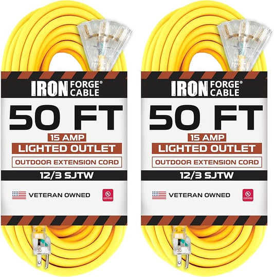 Iron Forge Cable 2 Pack 50 Foot Lighted Outdoor Extension Cord with 3 Outlets - 12/3 SJTW Heavy Duty Yellow Extension Cable 3 Prong - Multiple Outlets