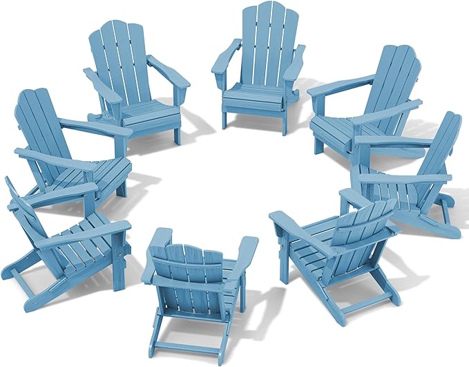 KINGYES Folding Adirondack Chair Set of 8, HDPE All-Weather Folding Adirondack Chair, Light Blue