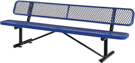 Global Industrial 8'L Heavy Duty Expanded Metal Mesh Bench with Backrest with Steel Frame, Portable Outdoor Bench, 1000 lbs Capacity, Blue, 96" L x 24" W x 33" H