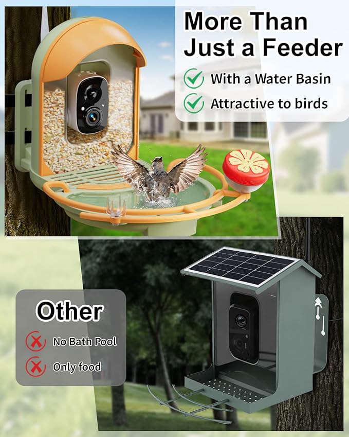 Bird Feeder with Camera, Smart Birdfeeder with Cam Solar Powered, 2K HD Video, AI Identification, Instant Arrival Alerts, IP66 Bird Bath & Feeder,Gift for BirdLover (with BirdBath, Green)