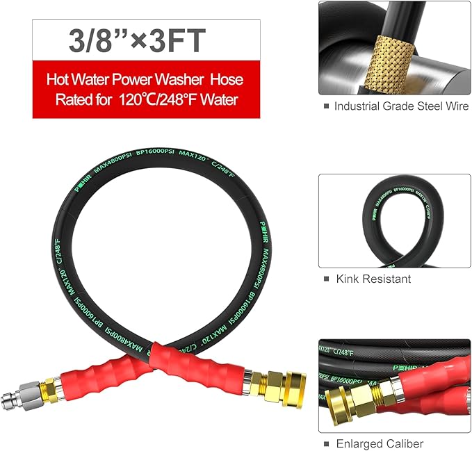 POHIR 3FT Pressure Washer Jumper Hose, 4800 PSI Pressure Washer Whip Hoses 3/8'' ID, Reel Connector with Removable Quick Connect