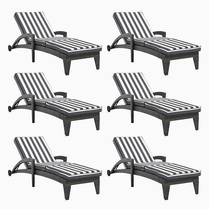 Patio Chaise Lounger Set of 6, Outdoor Lounger Patio Chairs, Heavy Duty Lounge Chairs Outdoor, Chaise Lounges for Resort, Backyard, Deck, Poolside, Garden, Grey Stripe