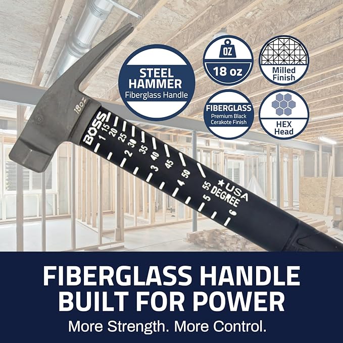 Boss Hammer 18 oz. Premium 4340 American Steel Rip Claw Hammer - Shock-Absorbing Poly-Fiberglass Handle, No-Slip Grip, Cerakote Finish, Milled Face - Made in USA - BH18STPFM