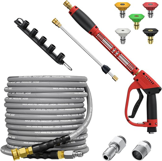 5000PSI Pressure Washer Gun and Hose Kit, 50FT Kink Resistant Steel Braided Power Washer Hose with 3/8" Swivel Quick Connector and M22 14mm Adapters Replacement/30 Extension Washer Wand