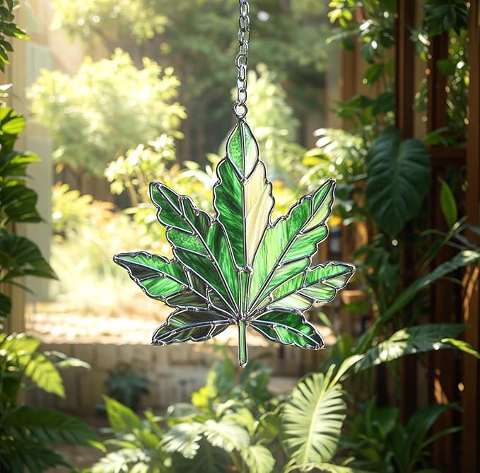 Leaf Christmas Ornament Suncatcher Window Hanging Acrylic Stained Glass Effect Art Boho Garden Decor Unique Nature Lover Gift for Stoner Thanksgiving