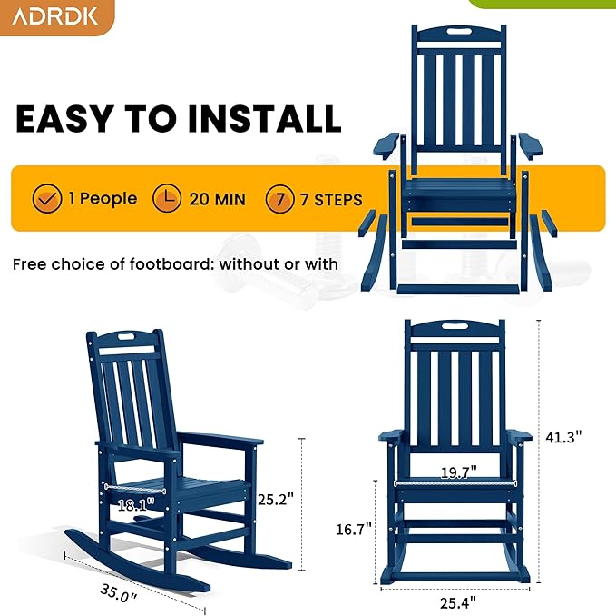 LOUNZY Outdoor Rocking Chair with Footboards Set of 2, HDPE Rocking Chair Patio Porch Rocker with 380lbs Support for Adult, Navy