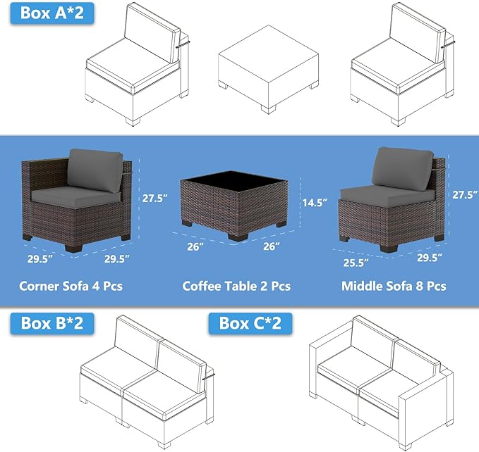Outdoor Patio Furniture Set, 14 Pieces Outdoor Sectional Furniture Patio Sofa, All-Weather PE Rattan Patio Conversation Set with Tempered Glass Top Table & Cushions(Grey).