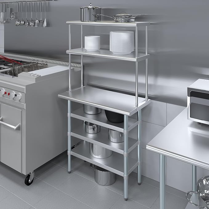 Amgood 18" x 36" Stainless Steel Work Table with 3 Shelves and 12" Wide Double Tier Overshelf | Metal Kitchen Prep Table & Shelving Combo | NSF