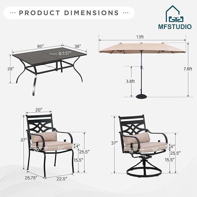 MFSTUDIO Outdoor Dining Set with Umbrella, Patio Dining Set doe 6 Persons, Patio Furniture Set with Umbrella for Deck Poolside Backyard Garden, Navy Umbrella (Umbrella Base Not Included)
