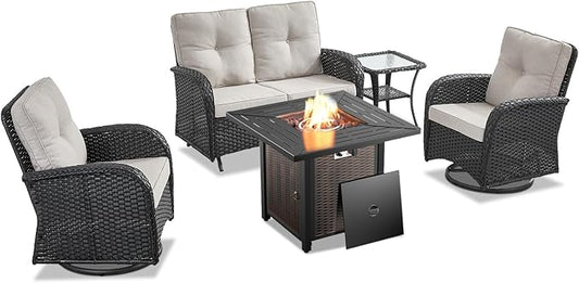 Belord 5 Piece Outdoor Patio Furniture Set with 50000 BTU Propane Fire Pit Table, Deep Seating Wicker Swivel Rocker Chairs and Loveseat Glider Patio Conversation Set for Poolside Deck Backyard Black