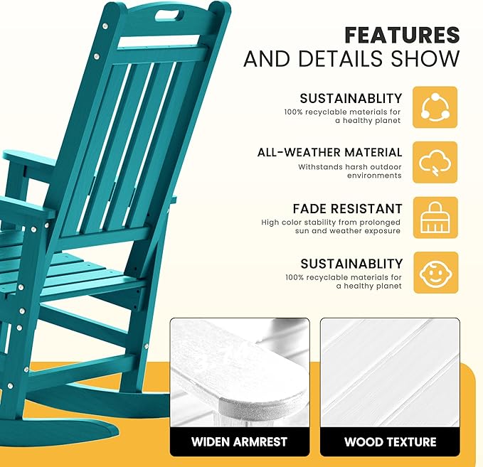 LOUNZY Outdoor Rocking Chair, HDPE Patio Rocking Chair with Footboard for Adults, All Weather Heavy Duty Front Porch Rocker, Aruba