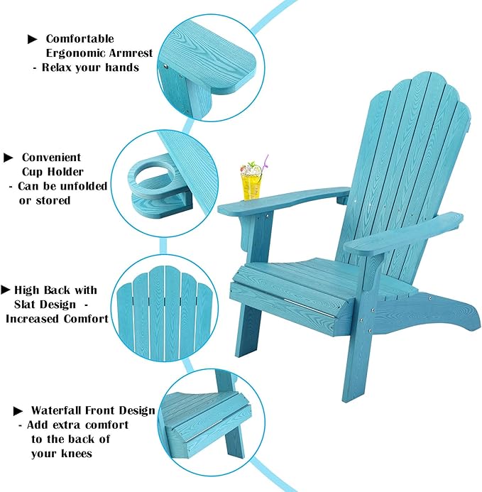hOmeHua Oversized Adirondack Chairs Set of 4, HIPS Adirondack Chairs Weather Resistant with Cup Holder, Plastic Outdoor Chair for Patio, Backyard Deck, Fire Pit Lawn Porch (Lake Blue)