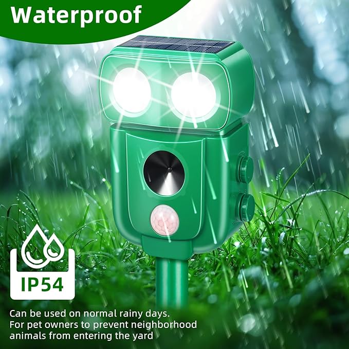 2 Pack Solar Animal Repeller Ultrasonic Deer Repellent Devices Cat Repellent Outdoor to Keep Cats Away Squirrel Skunk Dog Raccoon Coyote Fox Deterrent with Motion Sensor & Light for Farm Garden Yard