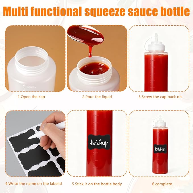 10 Pcs 32 oz Plastic Squeeze Bottles Clear Large Condiment Squeeze Bottles for Sauces Pancake Ketchup Syrup Squirt Condiment Dispenser with Caps Restaurant with 10 Stickers and 1 Pen