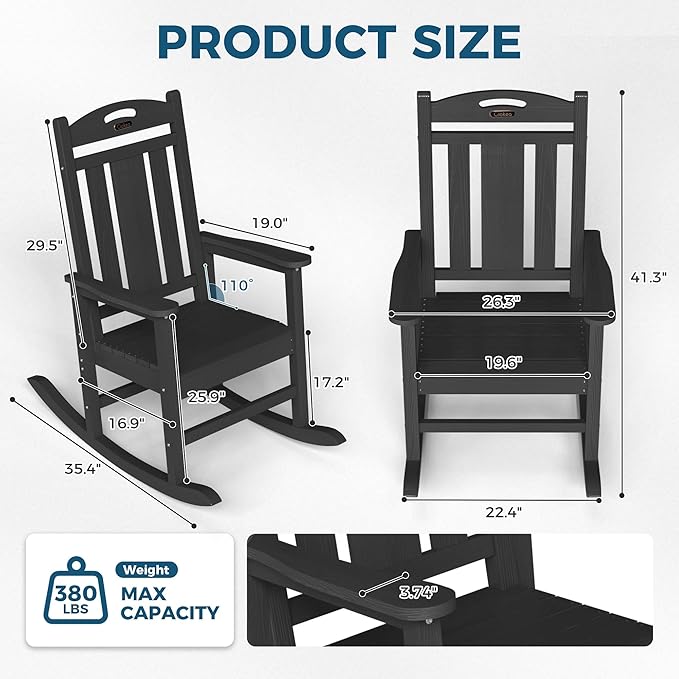 Ciokea Oversized Outdoor Rocking Chairs Set of 2, HDPE Porch Rocking Chairs for Outside, All-Weather Comfortable Patio Rockers for Front Deck Balcony, Black