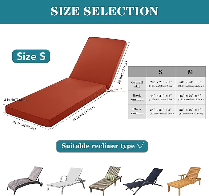 Outdoor Chaise Lounge Cushion Set of 2, Fadesafe Water-Repellent Lounge Deck Reclining Chair Cushions for Patio Furniture Lawn Pool Resort Hotel, 72x21x3 Inch, Rust