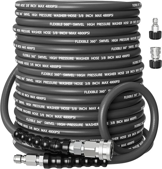 Kink-Resistant 3/8" Pressure Washer Hose 4800PSI(100FT),Steel Wire Braided Wear Resistant Rubber for Commercial, Industrial and Residential Use,Hot&Cold Water Hose with 3/8" Quick Connect