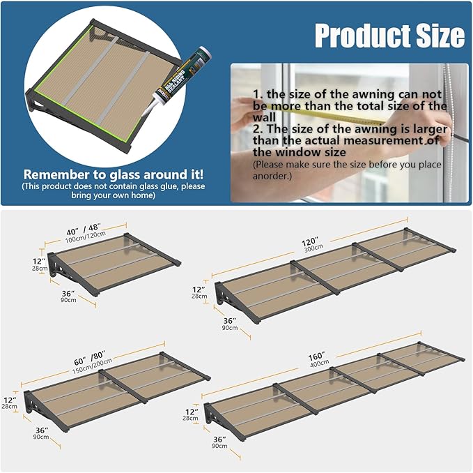 Door Awning Window Canopy, Modular Spliced Awnings for Outside,Porch,Patio,Deck,Polycarbonate Sheet,UV, Rain, and Snow Protection (Brown Board & Black Bracket, 35'’*80'’)