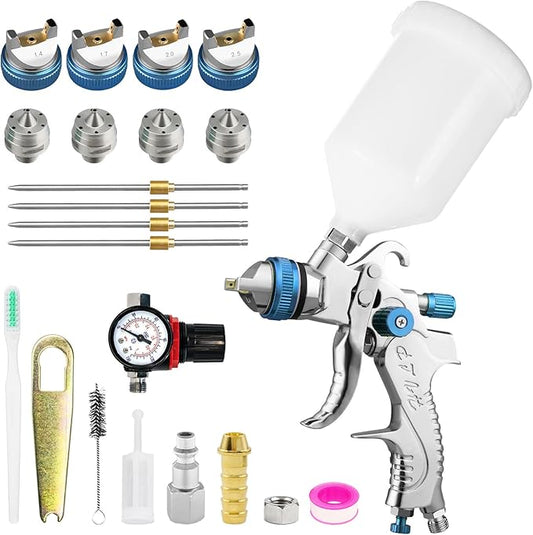 HVLP Spray Gun Kit with 1.4/1.7/2.0/2.5mm Nozzles, Professional Car Paint Spray Gun Wall Repair Furniture Refinishing Painting Gun, Gravity Feed Paint Sprayer Gun (Blue-1.4/1.7/2.0/2.5mm)