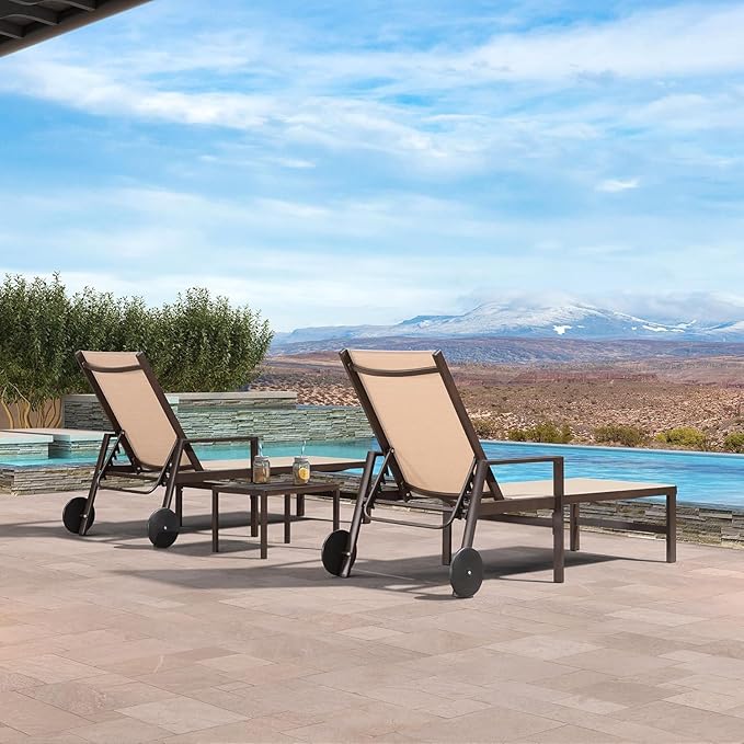 PURPLE LEAF Pool Lounge Chairs Set of 3 Aluminum Outdoor Lounge Chairs with Wheels and Armrests Adjustable Patio for Deck Outside Lawn Garden, Cream