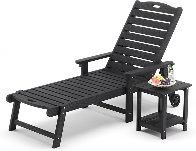 LUE BONA Chaise Lounge Chair with Table, 2-Piece,79'' Oversized HDPS Chaise Lounger, 5 Positions Adjustable Lounge Chairs, Pool Lounge Chair with Wheels for Poolside, Backyard, 3 Year Warranty, Black
