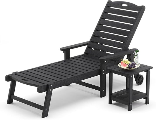 LUE BONA Chaise Lounge Chair with Table, 2-Piece,79'' Oversized HDPS Chaise Lounger, 5 Positions Adjustable Lounge Chairs, Pool Lounge Chair with Wheels for Poolside, Backyard, 3 Year Warranty, Black