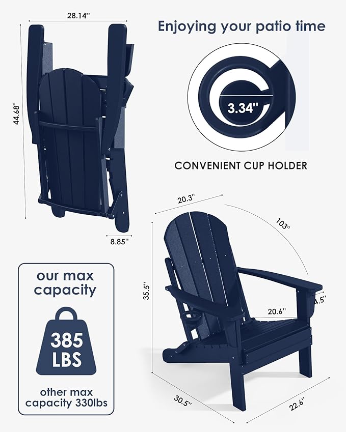 Folding Adirondack Chairs Set of 4, All-Weather Resistant HDPE Patio Firepit Chairs, Sturdy Outside Chairs with Cup Holder, Lawn Chairs, 80% Pre-Installed Load Capacity 385lb, Navy Blue