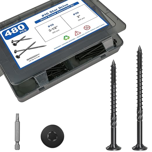 480Pcs Deck Screws, #10 Wood Screws Assortment Kit, 2Sizes Screws Set (2-1/2", 3"), Rust Resistant Torx Screws with Flat Head, Black Screw Kit for Woodworking Projects, Star Bit Included
