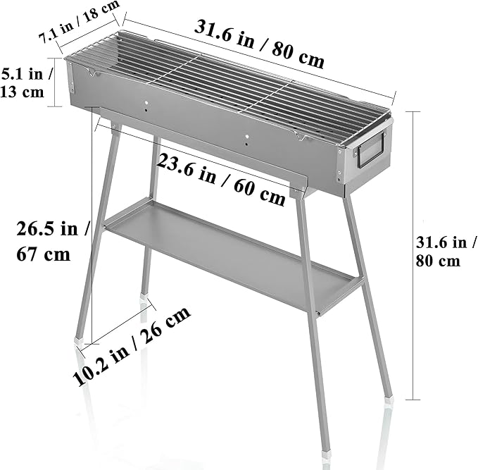 Portable Charcoal Grills, Stainless Steel BBQ Grill with Foldable Stand Adjustable Air Vents, Kebab Skewer BBQ Barbecue Grill Kit for Garden Backyard Party Picnic Travel Outdoor Use (31.6x7.1inch)