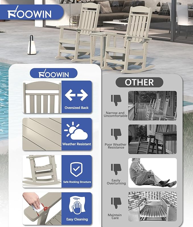 FOOWIN Outdoor Rocking Chair Set of 4, High Back Patio Rocking Chair, HDPE All Weather Resistant Porch Rocker for Adult, Oversized Rocking Chairs for Garden, Lawn, Indoor & Outdoor Use, Sand