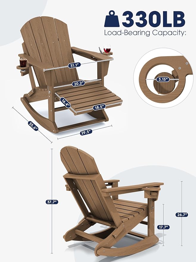 KINGYES Adirondack Rocking Chair Set of 4 with Retractable Ottoman and Cup Holders, HDPE Adirondack Rocker Patio Rocking Chair for Porch, Patio, Balcony, Brown