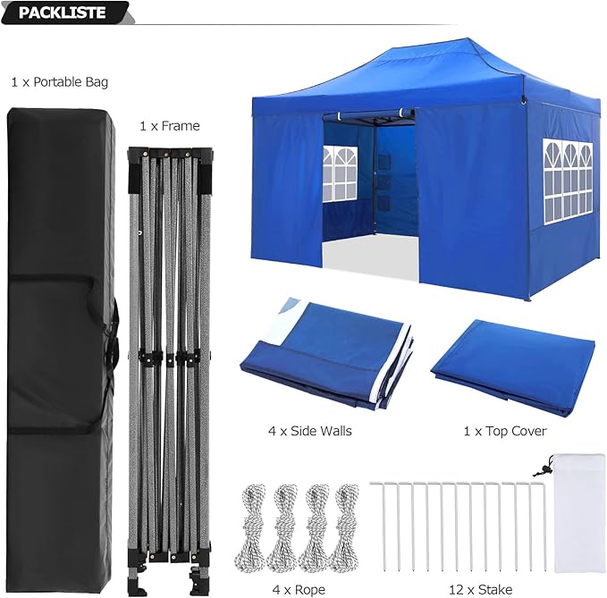 COBIZI 10x15 Pop up Canopy Gazebo 3.0, Easy up Heavy Duty Canopy with 4 Removable Sidewalls, High Stability, All Weather Sunshade 100% Waterproof Outdoor Canopy Tents with Carry Bag, Blue
