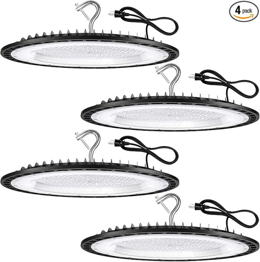 4 Pack 300W UFO Led High Bay Light Fixture,120VAC,5000K Daylight Commercial Shop Bay Lighting,45000LM,[1300W MH/HPS Equiv.] US Plug Area Lighting for Warehouse/Barn/Gym/Factory/Workshop