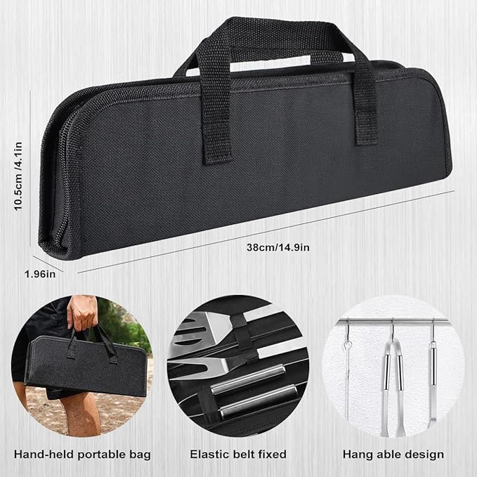 BBQ Grill Tool Set, 3Pcs Stainless Steel Barbeque Grilling Tool Set, Includes a Spatula/Fork/Pair of Tongs, and a Cloth Storage Bag, BBQ Tools for Backyard Outdoor Kitchen (3 Pack)