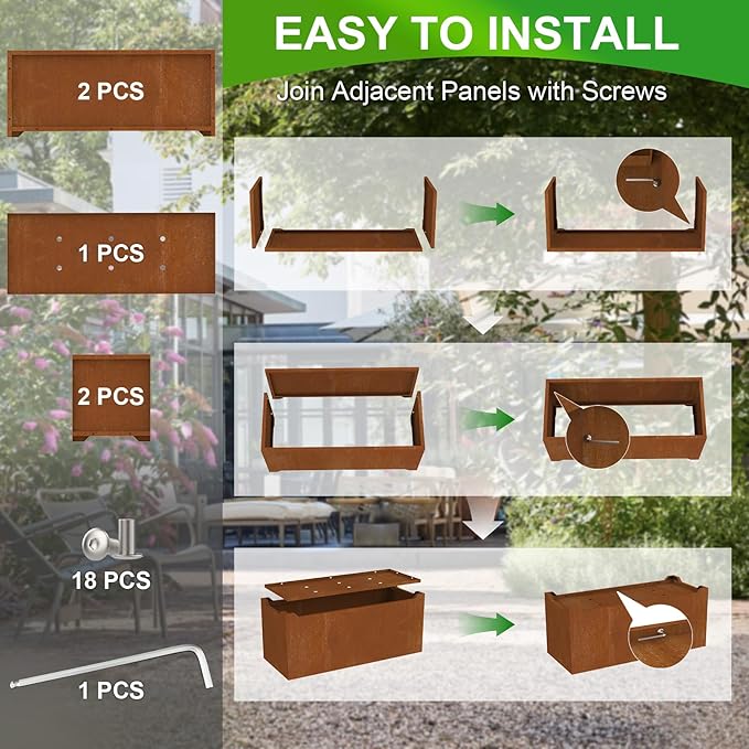 Co-rten Metal Garden Planter Box, Large Outdoor Rectangle Planters with 6 Drainage Holes & Raised Bottom, All-Weather Rust-Resistant Container for Patio, Deck, Commercial Use, 36"L x 15"W x 15"H