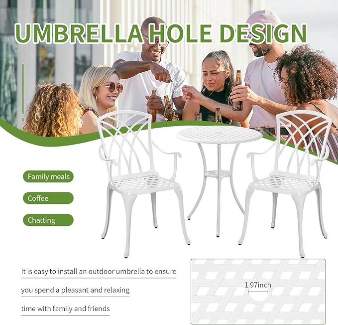Cast Aluminum Bistro Table and Chairs Set of 2 with 1.97" Umbrella Hole,Weather Resistant 3 Piece Bistro Patio Set Outdoor Patio Furniture Set for Front Porch,Garden,Woven White