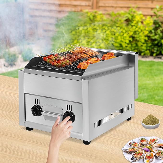 2 Burner Gas Grill, Portable Countertop Gas Propane Charbroiler with Large Grill Pan & Adjustable Temperature Commercial Char Broiler Grill for Canteens Small Food Factories Western Restaurants Etc