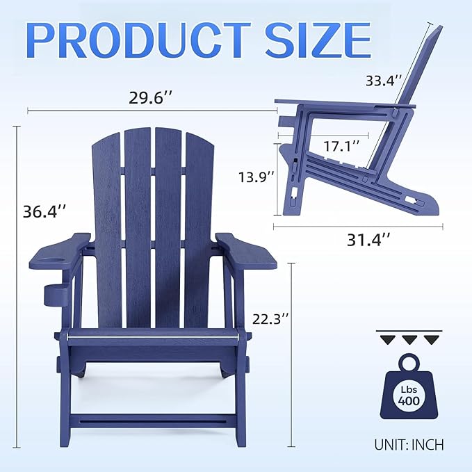 Adirondack Chair Set of 2, All Weather Plastic Adirondack Chairs, Fire Pit Chairs with Cup Holder, Outdoor Lawn Chair for Patio, Garden, Backyard,Navy Blue
