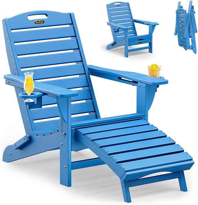 Folding Adirondack Chair with Retractable Ottoman Weather Resistant Fire Pit Chair Patio Chair with 2 Cup Holder Lawn Outdoor Lounge Chair (Royal Blue)