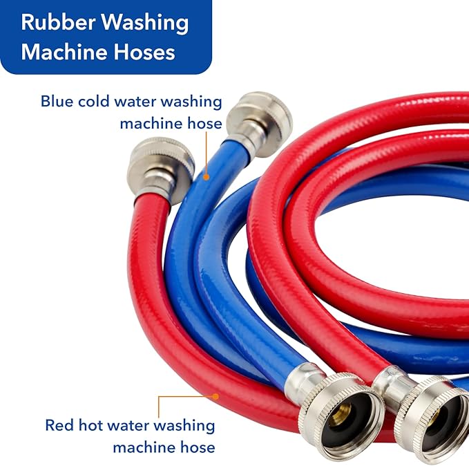 10 FT Rubber Washing Machine Hoses, Red and Blue Washer Hoses,Burst Proof Hot & Cold Water Connection Inlet Washer Supply Lines Universal for All Standard Wash Machines