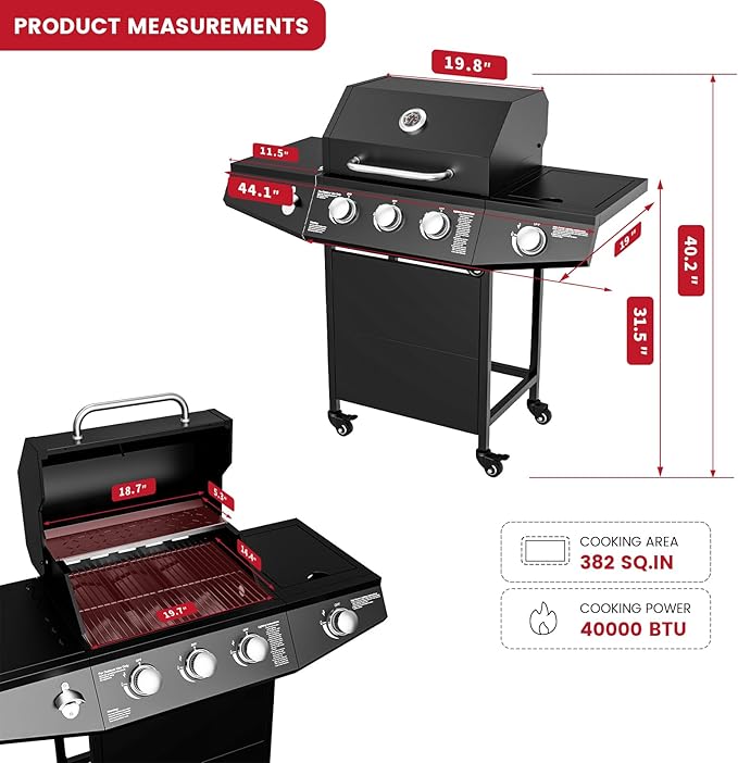 40,000 BTU Propane Grill, 3 Burner BBQ Barbecue Gas Grill with Side Burner and Stainless Steel Grates for Patio, Camping, Outdoor Cooking