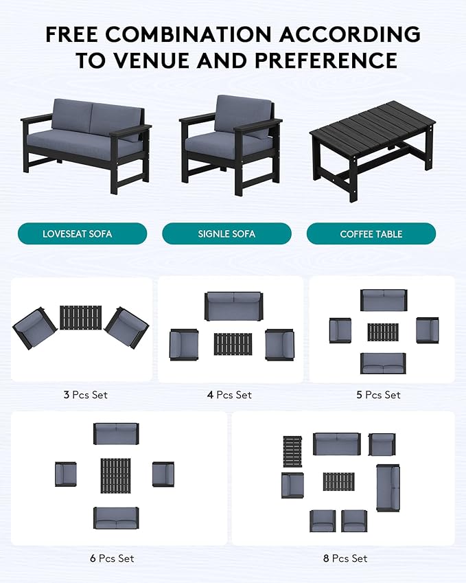 SERWALL 3 Pieces HDPE Outdoor Sofa Bistro Set with Cushions, Outdoor Furniture Sofa Sets with Coffee Table and Cushions, All Weather Conversation Social Set, Black Frame and Grey Cushion