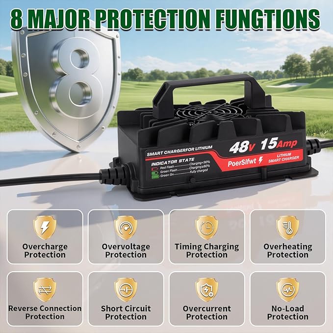 58.4V 15A Lithium Battery Charger for 48V Lifepo4 Battery Packs with Waterproof M8 Connector, LED Indicator, 6 Protections, Fast Charging, for Forklift & Solar Storage