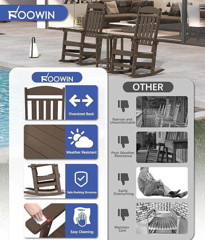 FOOWIN Outdoor Rocking Chair Set of 2, High Back Patio Rocking Chair, HDPE All Weather Resistant Porch Rocker for Adult, Oversized Rocking Chairs for Garden, Lawn, Indoor & Outdoor Use, Coffee