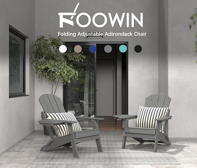 FOOWIN Folding Adjustable Adirondack Chair,HDPE Adirondack Chair w/4 in 1 Cup Holder Trays,All-Weather Resistant Fire Pit Chair, Outdoor Chair for Patio Lawn Poolside,400lbs,Dark Grey