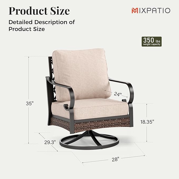 Outdoor Patio Swivel Sofa Chairs Set of 2 Steel Frame Porch Furniture with Deep Seating and 5.75" Cushions for Lawn Backyard Deck, Beige