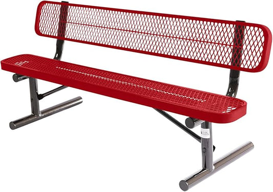 COATEDOUTDOORFURNITURE Heavy-Duty Portable Outdoor Bench Thermoplastic Coated, Expanded Metal, Commercial-Grade Seating, Made in America (Portable with Back, 6 Ft, Textured Red)