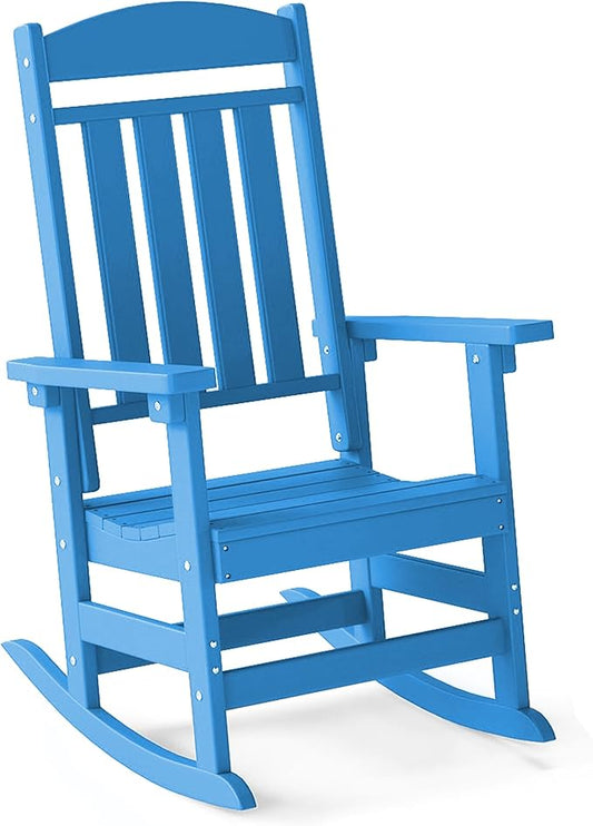 FOOWIN Outdoor Rocking Chair, High Back Patio Rocking Chair, HDPE All Weather Resistant Porch Rocker for Adult, Oversized Rocking Chairs for Garden, Lawn, Indoor & Outdoor Use, Pacific Blue